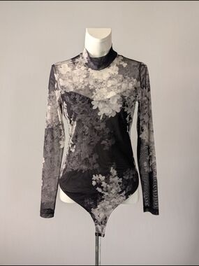 ALLSAINTS Elia Venetia Bodysuit Black & White Floral Mesh Mock Neck Size 4